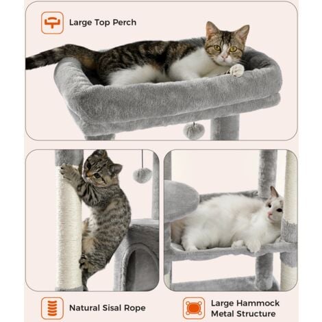 PAWZ Road Arbre à Chat en Bois, Tour de Chat Moderne, avec Griffoirs Sisal, Condo Confortable et Grand Hamac, 143cm, Gris