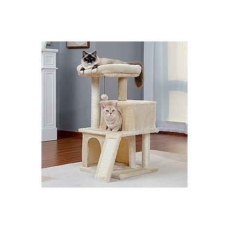 PAWZ Road Petit Arbre à Chat avec 2 Condos Douillets, Perchoir Moelleux, Griffoir et Poteaux en sisal & Pompons Suspendus, 86 cm, Beige