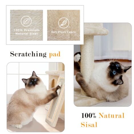 PAWZ Road Petit Arbre à Chat avec 2 Condos Douillets, Perchoir Moelleux, Griffoir et Poteaux en sisal & Pompons Suspendus, 86 cm, Beige