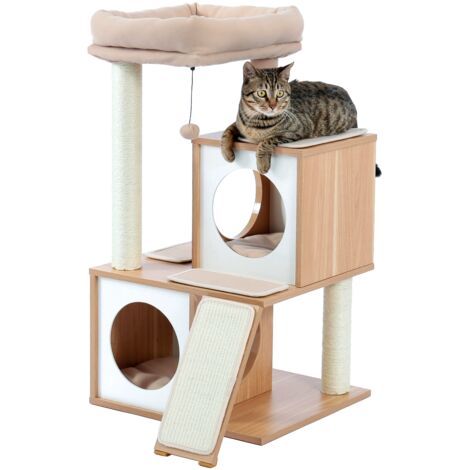 Pawz Road – Arbre à chat en bois 89 cm – 2 condos douillets – Griffoir en sisal – Poteaux robustes et pompon suspendu – Pour chats de tous âges