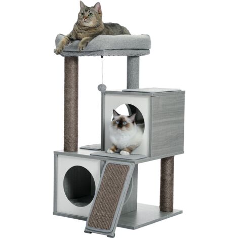 Pawz Road – Arbre à chat en bois 89 cm – 2 condos douillets – Griffoir sisal et pompon suspendu – Panier supérieur spacieux pour 2 chats
