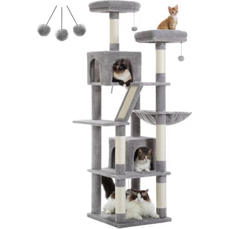 PAWZ Road Grand Arbre à Chat Multi-Niveaux avec 6 Poteaux à Griffer, 2 Griffoirs, 2 Niches, 2 Pompons & 1 Hamac, 180cm, Gris (1/5)