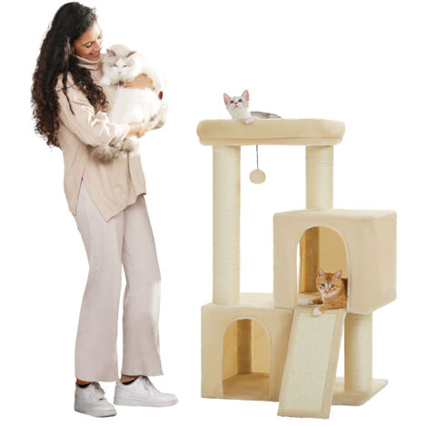 Pawz Road – Arbre à chat 114 cm avec poteaux en sisal 11 cm – Double condos spacieux 42 x 45 cm – Perchoir confortable 52 x 54 cm – Beige