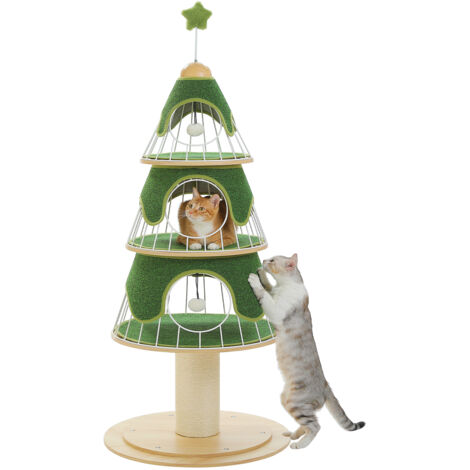Pawz Road – Arbre à chat de Noël 130 cm – 3 niveaux avec condos spacieux – Poteau à griffer épais de 14 cm – Base stable 60x60 cm – Vert sapin (1/5)