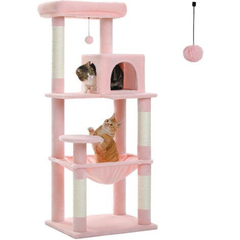 Pawz Road – Arbre à chat en bois 143 cm – Griffoirs en sisal – Condo douillet et grand hamac – Design moderne rose pour plusieurs chats