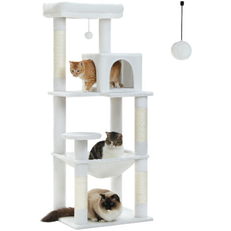 Pawz Road – Arbre à chat en bois 143 cm – Condo douillet avec grand hamac – Griffoirs en sisal – Design moderne blanc – Pour plusieurs chats