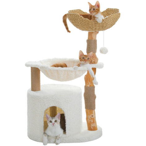Pawz Road – Arbre à chat moderne 104 cm – Poteaux en poirier naturel – Panier tissé XXL – Grand condo et hamac 40 cm – Pour chats de tous âges