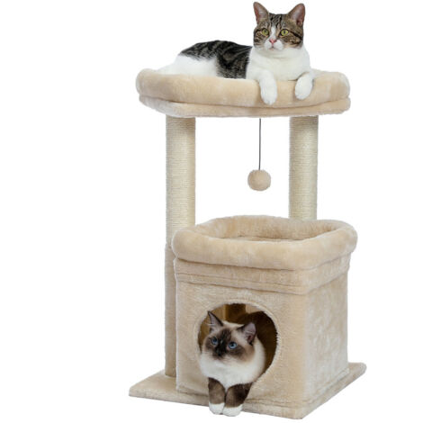 Pawz Road – Arbre à chat 60 cm – 2 poteaux à griffer en sisal naturel – Condo spacieux et grand perchoir – Pour plusieurs chats