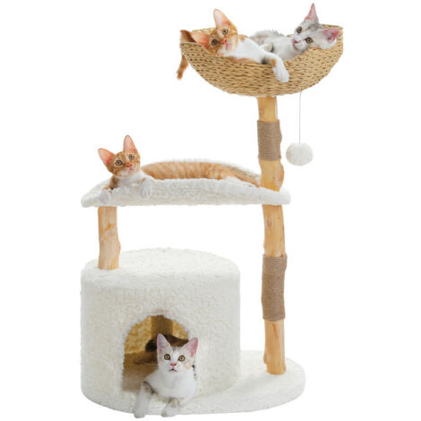 PAWZ Road Arbre à Chat Moderne 97 cm avec Poteaux en Bois, Panier Tissé XXL, Condo & Plateforme Courbée 50 cm, Blanc