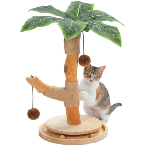 PAWZ Road Griffoir pour Chat en Bois de 45cm, Design Feuilles avec Tunnel à Balle & Sisal Naturel,45 cm, Beige (1/5)
