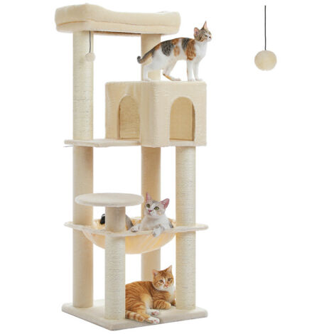 PAWZ Road Arbre à Chat en Bois, Tour de Chat Moderne, avec Griffoirs Sisal, Condo Confortable et Grand Hamac, Poteaux de Ø10 cm, 147cm, Beige (1/5)