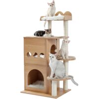Pawz Road – Arbre à chat en bois 120 cm – Grand condo avec 2 niches et plateforme – Poteau à griffer en sisal – Pour 3 chats