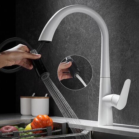 Wasserhahn Küche Ausziehbar Einhand Mischbatterie 360° Drehbar Modern Spültischarmatur für Küche mit 2 Strahlarten Weiß