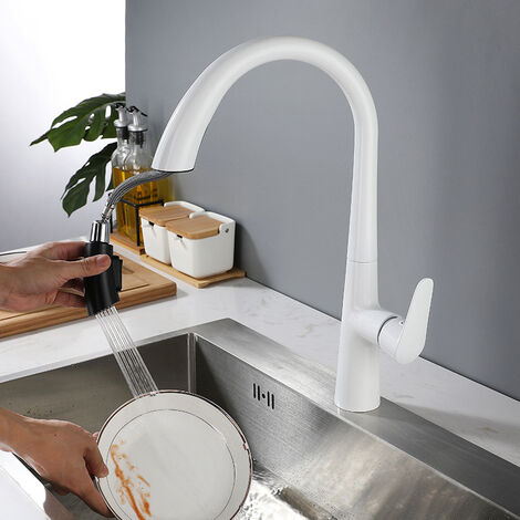 Wasserhahn Küche Ausziehbar Einhand Mischbatterie 360° Drehbar Modern Spültischarmatur für Küche mit 2 Strahlarten Weiß