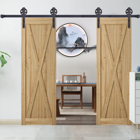 305cm/10FT Schiebetürbeschläge Doppeltür Schiebetür Set Barn Door Hardware Scheunentor Kit Schiebetürsystem Tragkraft 150kg