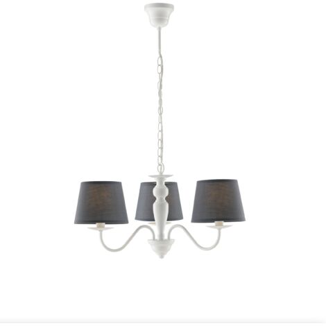 "Lampadario FAVOLA in metallo bianco con tre paralumi in tessuto grigio" (1/2)