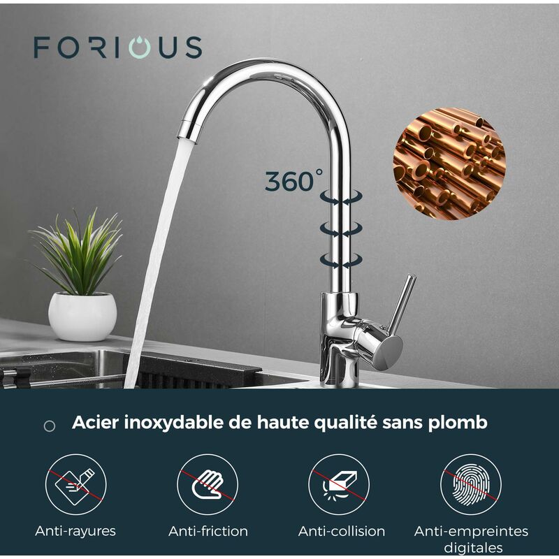 Robinet de Cuisine en Acier FORIOUS Mitigeur d'évier Rotatif 360