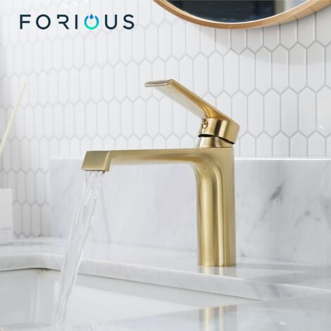 Mitigeur de lavabo cascade à levier unique – Laiton dépoli or – Jet d'eau doux et silencieux – Économie d'eau jusqu'à 30%