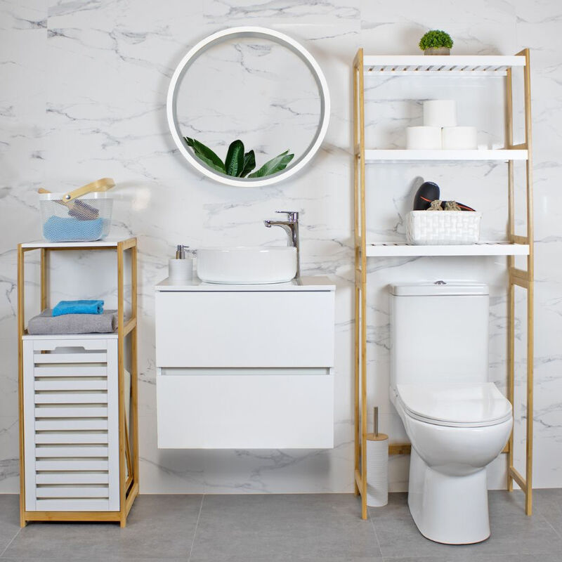 Étagère Salle De Bain Relaxdays Avec Panier à Linge - Bambou MDF - 76x65,5x33 Cm Naturel/Blanc