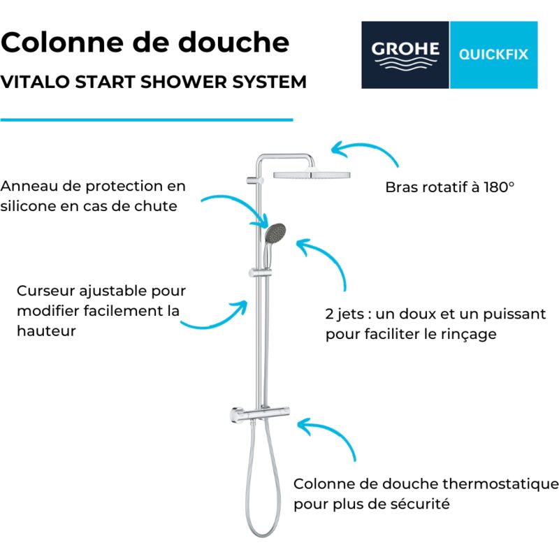 Colonne de douche thermostatique GROHE Vitalio Joy Shower System 310 +  Tablette d'angle GROHE Start