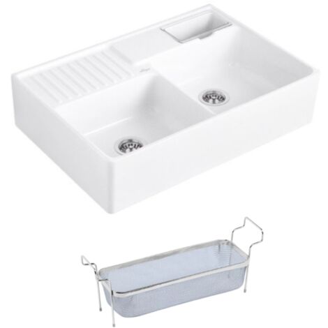 Evier timbre d'office VILLEROY ET BOCH Tradition 2 bacs 89,5 x 63 céramique vidage manuel blanc + Panier vaiselle