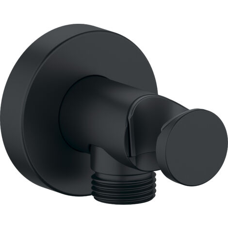 Coude de raccordement mural universel Duravit, raccord de flexible y compris support de douchette avec rosace ronde, noir mat (1/3)