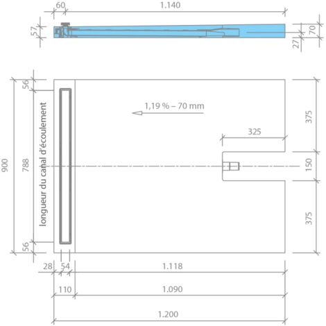 Receveur a carreler 120 x 90 cm Wedi Fundo Plano Linea - écoulement linéaire sortie sur le petit coté
