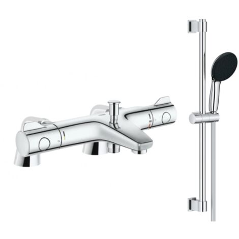 Grohe – Mitigeur thermostatique de baignoire – Finition métal – Douchette 2 jets – Montage mural apparent – Technologie EcoJoy