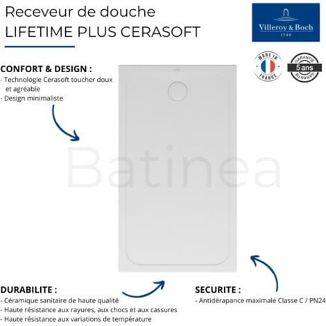 Receveur de douche antidérapant 120 x 80 VILLEROY ET BOCH Lifetime Plus Cerasoft céramique blanc