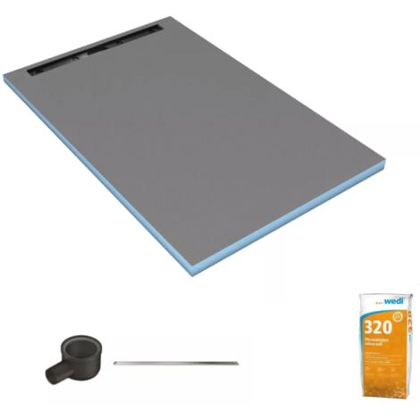 Wedi – Receveur de douche à carreler 120x90cm – Écoulement linéaire horizontal – Pente préformée – Barrette de finition inox 70cm – Colle 320ml (1/5)