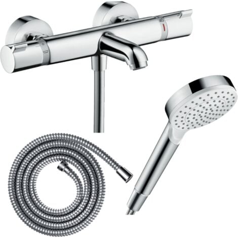 Pack mitigeur bain thermostatique HANSGROHE Ecostat Comfort + Flexible Metaflex 1,6m + Pommeau Vernis Blend EcoSmart chromé
