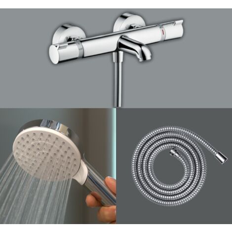Pack mitigeur bain thermostatique HANSGROHE Ecostat Comfort + Flexible Metaflex 1,6m + Pommeau Vernis Blend EcoSmart chromé