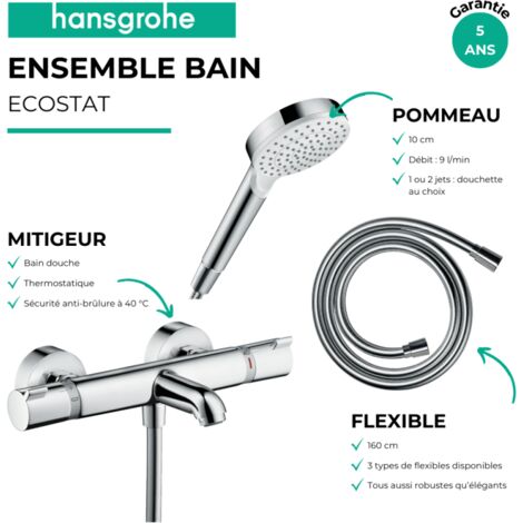 Pack mitigeur bain thermostatique HANSGROHE Ecostat Comfort + Flexible Metaflex 1,6m + Pommeau Vernis Blend EcoSmart chromé