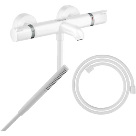 Pack mitigeur bain douche thermostatique HANSGROHE Ecostat Comfort + Flexible Designflex + Pommeau Pulsify S blanc mat (1/3)