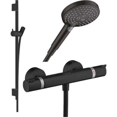 Hansgrohe – Pack mitigeur douche thermostatique – Finition noir mat – Entraxe 150 mm – Débit 17 l/min – Pommeau 3 jets – Barre Unica 65 cm (1/3)
