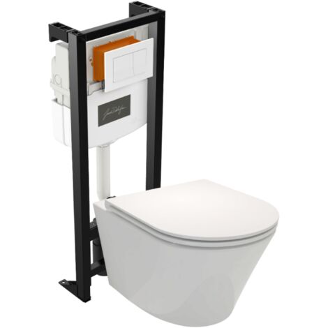 Pack WC suspendu sans bride JACOB DELAFON Rodin+ avec abattant + bâti support + plaque blanche (1/5)