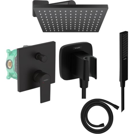 Hansgrohe – Colonne de douche encastrée mécanique – Douche de tête 230mm EcoSmart noir mat – Flexible Isiflex 160cm – Pommeau Pulsify E 100mm