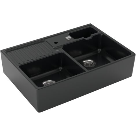 Evier 2 bacs timbre office VILLEROY ET BOCH Tradition Pure Black CeramicPlus avec vidage automatique