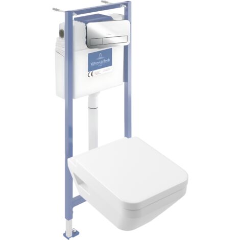 Pack WC suspendu sans bride Villeroy & Boch Architectura Twistflush [e³] rectangle+bâti-support sol et mur+plaque chrome brillant (1/4)