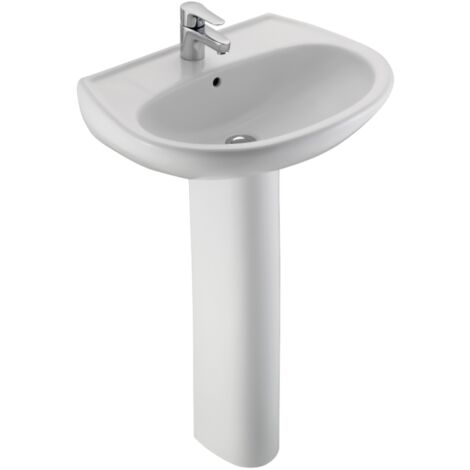 Jacob Delafon – Lavabo sur colonne 60 cm en céramique blanc brillant – Installation autoportante – Dosseret anti-éclaboussures – Fixation par goujons et consoles