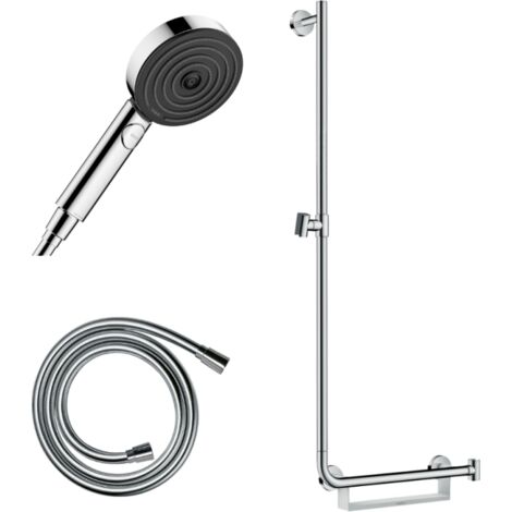 Barre de douche PMR HANSGROHE Unica 110 avec poignée à droite Chromé + Pommeau de douche Pulsify 3 jets + flexible Isiflex 160cm (1/4)