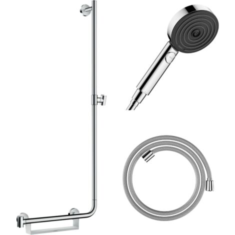 Barre de douche PMR HANSGROHE Unica 110 poignée à gauche Chromé + Pommeau de douche Pulsify 3 jets + flexible Designflex 160cm (1/4)