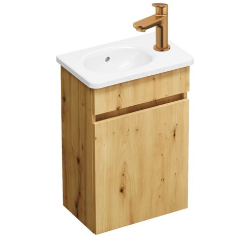 Pack meuble suspendu lave-mains BURGBAD Joline chêne + Robinet lave-mains eau froide Duravit Wave bronze brossé (1/5)