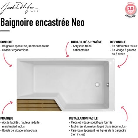 Baignoire bain douche JACOB DELAFON Neo, version  gauche  Blanc brillant 150 x 60/80