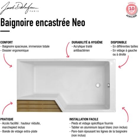 Baignoire bain douche JACOB DELAFON Neo, version gauche Blanc brillant 170 x 70/90