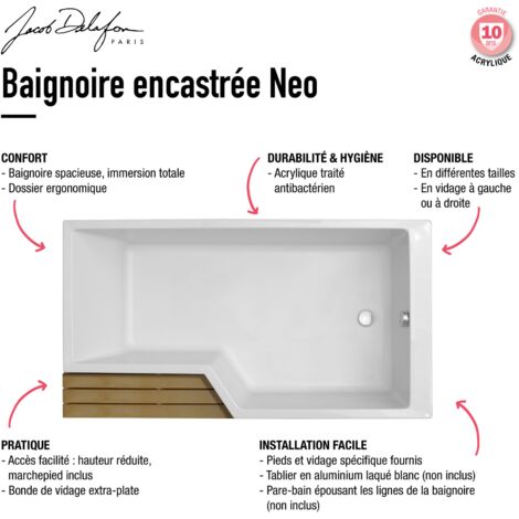 Baignoire bain douche JACOB DELAFON Neo, version gauche Blanc brillant 180 x 70/90