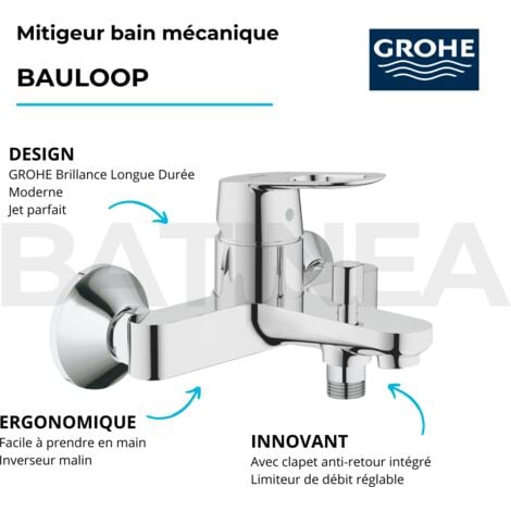 Grohe - Mitigeur douche avec douchette monocommande Bauloop avec barre de  douche et porte savon Tempesta