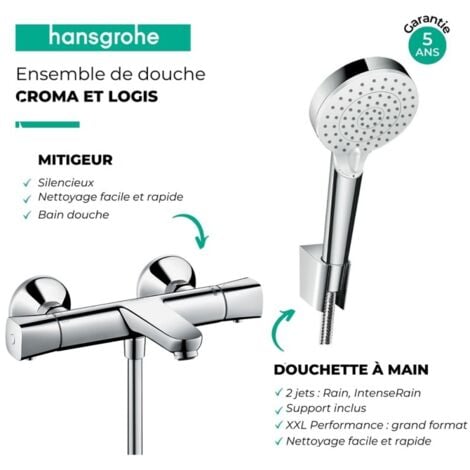 Douchette à main HANSGROHE Crometta + Mitigeur thermostatique bain douche Ecostat