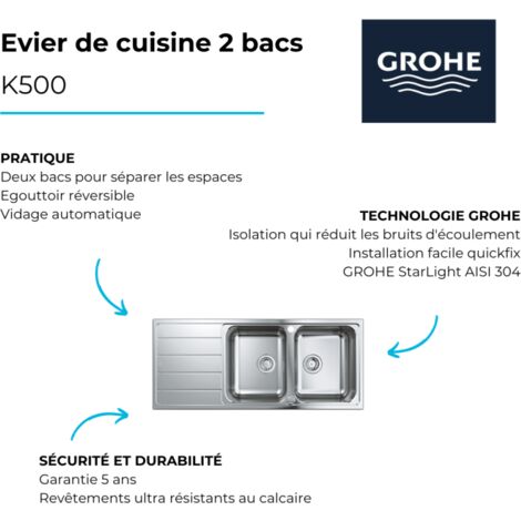 Evier à encastrer 2 bacs GROHE K500 quickfix réversible avec vidage auto