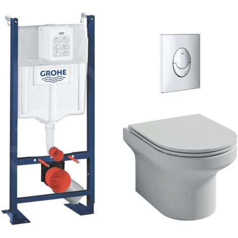 Pack WC suspendu Jacob Delafon sans bride abattant extraplat fermeture Blanc + Bâti support wc Grohe + plaque commande chromé rond Grohe quickfix (1/3)
